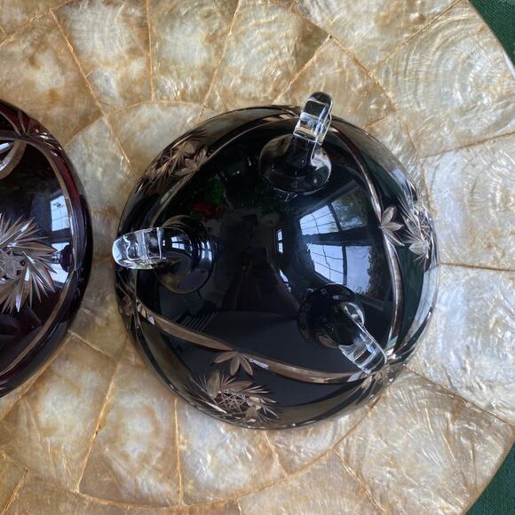 Antique Bohemian Amethyst Cut To Clear Crystal Footed Candy Dish Bowl with Lid - Picture 4 of 14